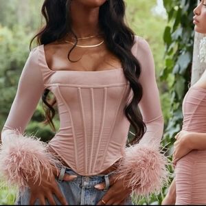 House  of CB Stella Mesh  Marabou  feather  Trim Long Sleeve  Corset